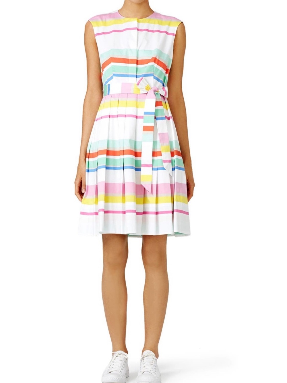 Kate Spade - Sleeveless White Multicolor Striped Fit-and-Flare Shirt Dress Tie